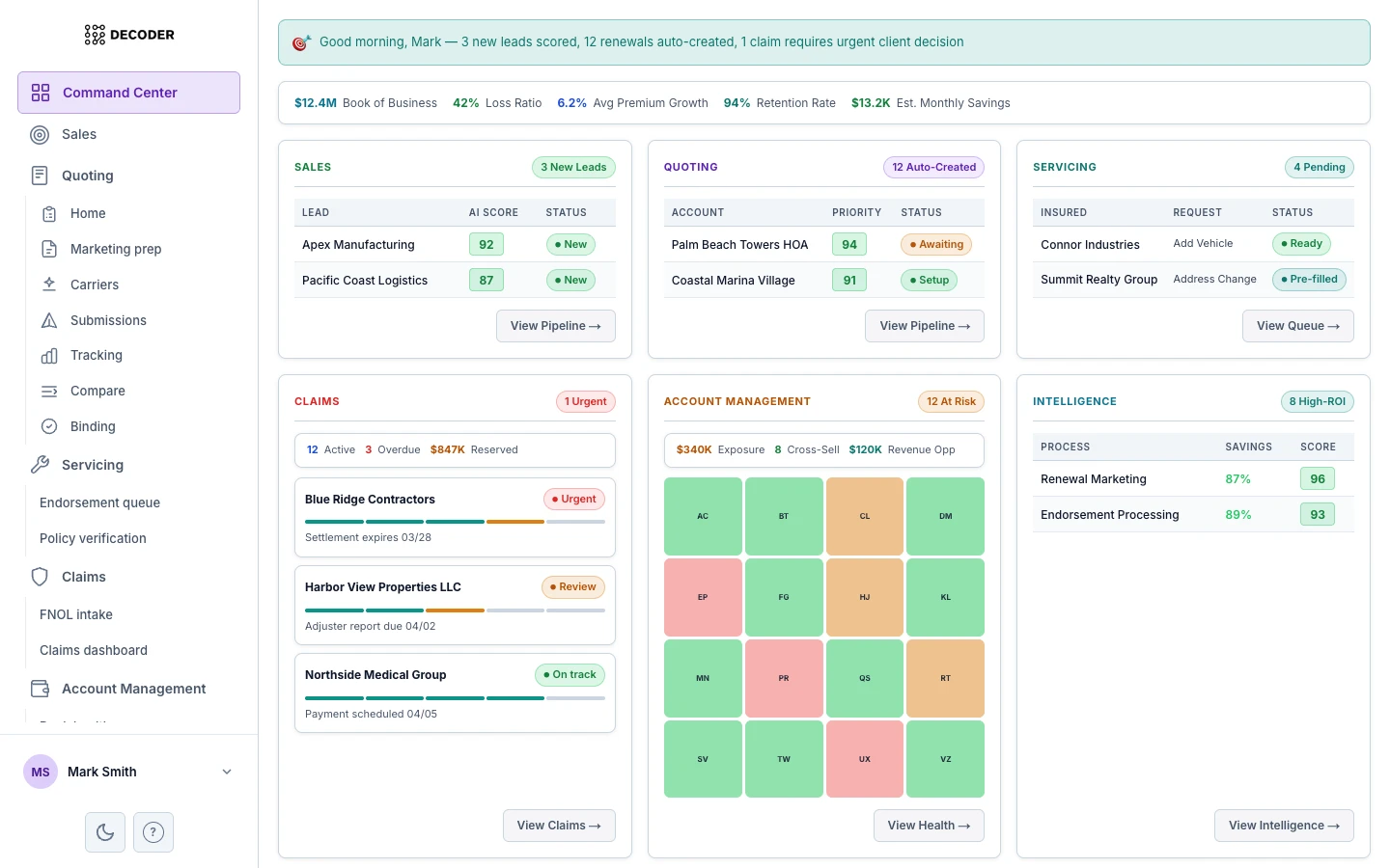 Decoder Command Center — real-time dashboard for insurance operations