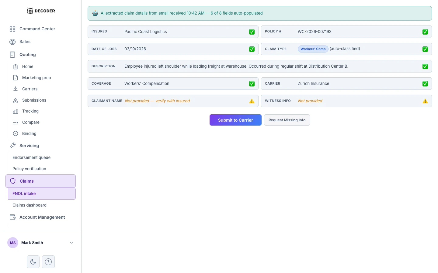 Decoder carrier connections — AI-matched carrier recommendations with scoring