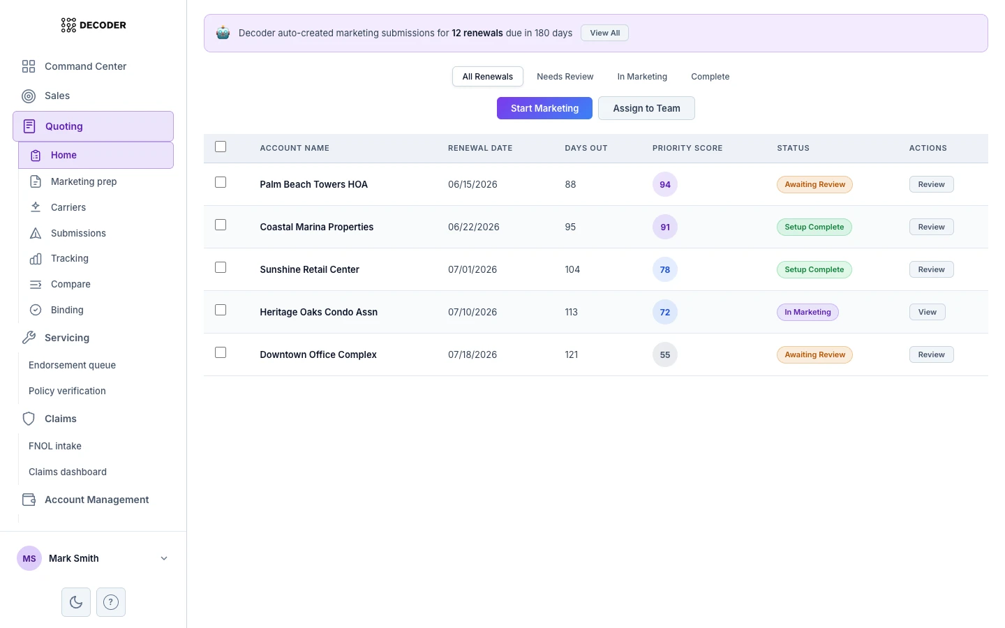Decoder workspace — FNOL intake with AI-extracted claim details